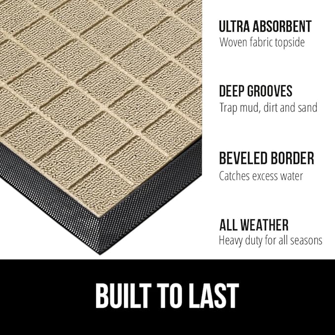 GORILLA GRIP 100% Waterproof All-Season WeatherMax Doormat US Designed Natural Rubber, Stain and Fade Resistant, Low Profile Indoor Outdoor Door Mats, Easy Clean Patio Mat, 23x35, Taupe Grid