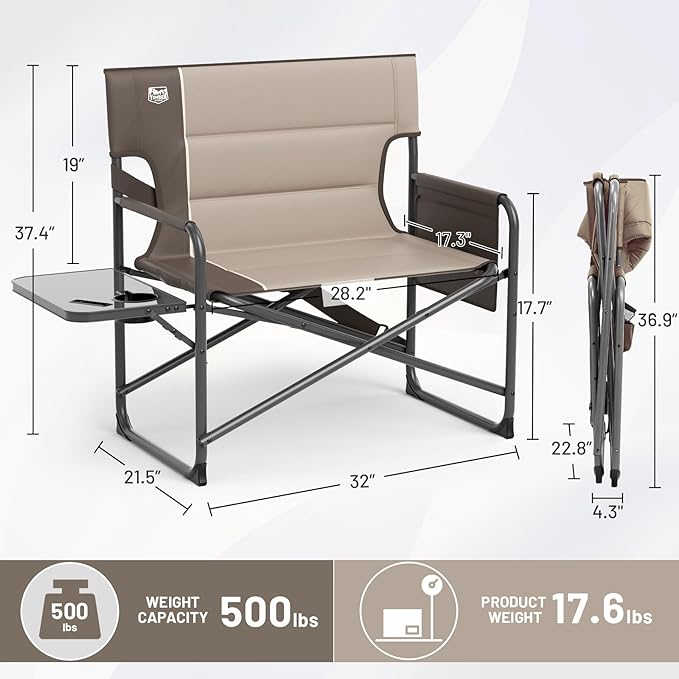 TIMBER RIDGE XXL Director’s Chair – Heavy Duty Folding Chair with Side Table, 500 lb Capacity, Extra Wide Padded Seat for Camping, Sports, Beach, Patio, and Outdoor Use, Tan-2 Pack
