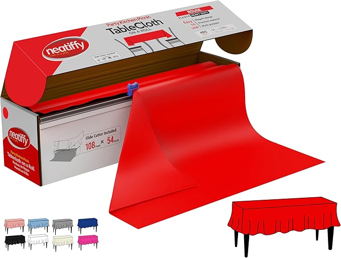 Neatiffy Disposable Plastic Table Cloth Roll | 54 in x 108 Ft Waterproof Tablecloth | Table Cover for Rectangle, Square, Round Oval Tables | Picnic, Party, Banquet, Birthdays, Weddings - Red
