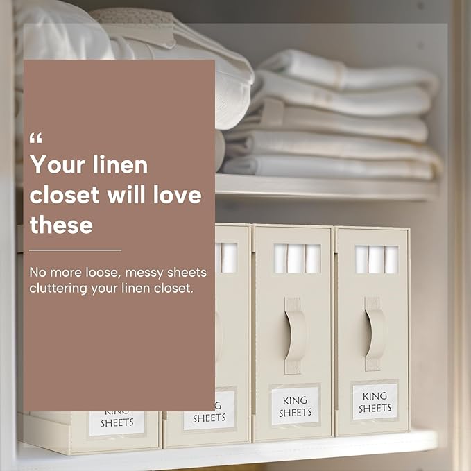 Criusia Bed Sheet Organizers and Storage, 6 Pack Foldable Linen Closet Organizer Box – Bedding Holder for Sheet Set (King/Queen Sizes), Duvet Covers, Blankets (Beige)