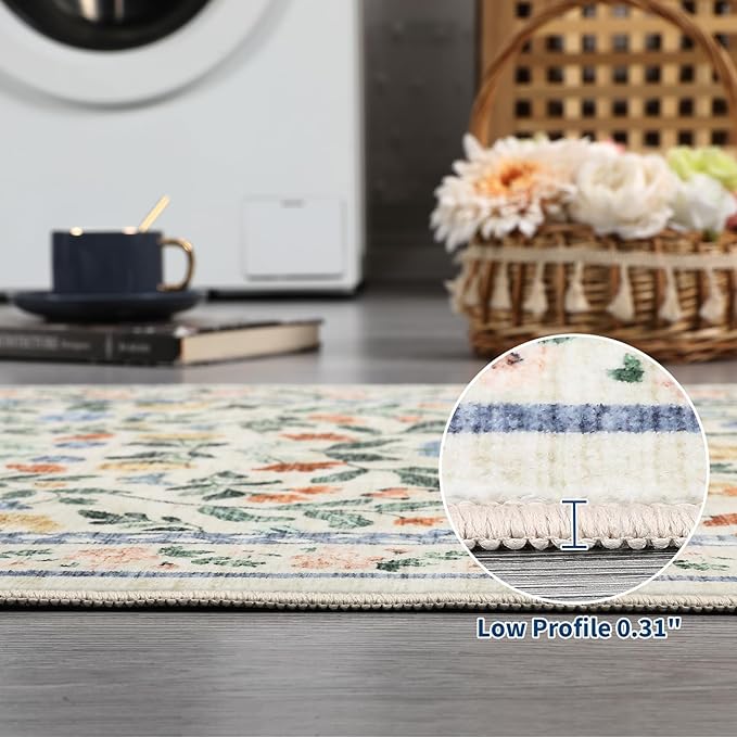 5x7 Washable Non-Slip Rug, Vintage Floral Area Rug for Living Room, Low Pile Farmhouse Distressed Carpet for Nursery Playroom Dorm Teens Office, Green