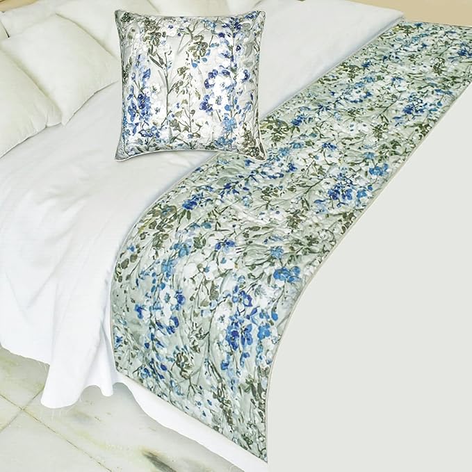 The HomeCentric King/Queen/Twin Blue Decorative Bed Runner CA King 86"x18" Bed Runner with Two Pillow Cover, Quilted Bed Scarf on Cotton Fabric - Garden Grace