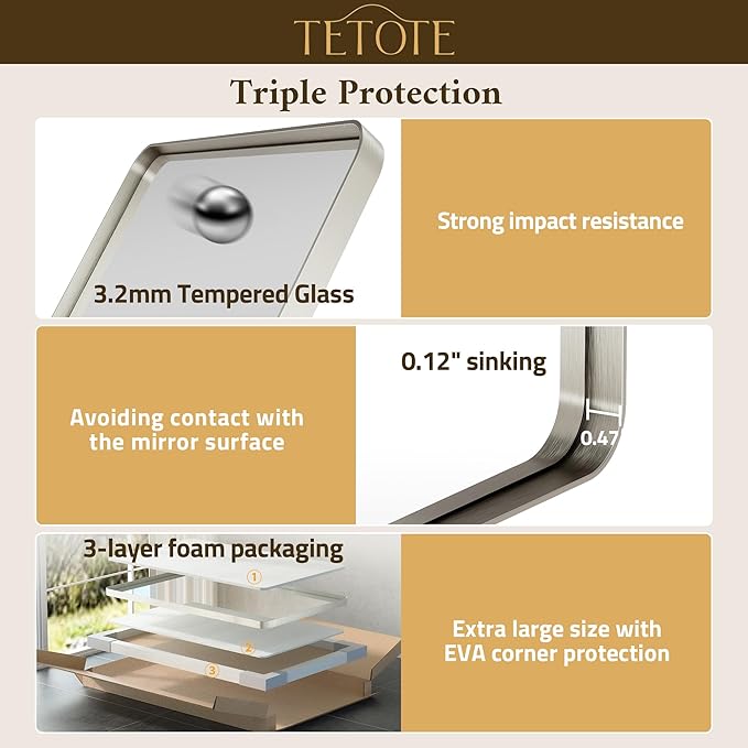 TETOTE Brushed Nickel Bathroom Mirror 40 x 24 Inch Brushed Nickel Metal Framed Bathroom Mirror, Tempered Glass, Modern Farmhouse Wall Mounted Mirror for Decorative(Horizontal/Vertical)