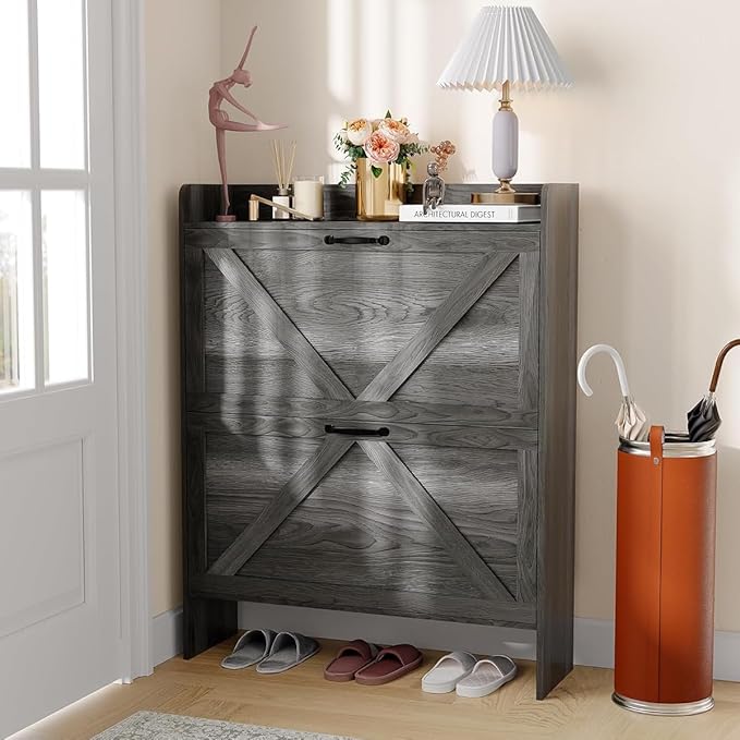 Shoe Cabinet Organizer with 2 Flip Drawers, Freestanding Narrow Shoe Rack for Entryway, Freestanding Hidden Shoe Storage Cabinet for Entryway, Hallway, Living Room, Bedroom, Black
