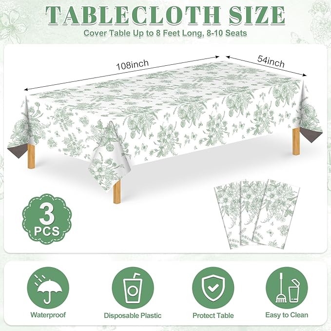 3 Pack Sage Green Floral Plastic Tablecloths, 54 X 108Inch Tea Party Tablecloth Disposable Table Cloths Green and White Porcelain Tables Decor for Garden Wedding Tea Party Birthday Baby Bridal Shower