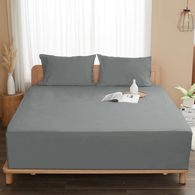Sunflower King Fitted Sheet, 1-Piece Deep Pocket Fitted Bottom Sheet 16", 100% Cotton Sateen Soft Breathable, Ultimate Gray