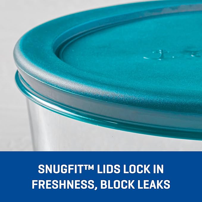Anchor Hocking SnugFitTM Round Food Storage Containers with Lids (4-Piece, 4-cup, Teal, oven-safe)