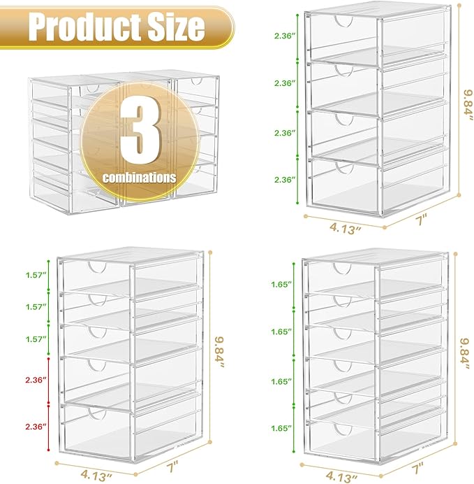 Acrylic 3 Pack Desk Organizers and Accessories, Makeup Organizer Storage With 15 Drawers, Desk Organizers, Dustproof Drawer Organizer and Storage for Make Up, Jewelry, DIY Pen