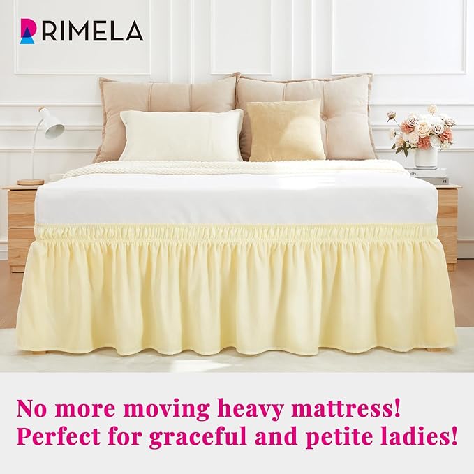 RIMELA Bed Skirt Queen Size 15 Inch Drop, Wrap Around Elastic Bedskirt Solid Microfiber Luxury Hotel Quality Fabric, Easy to Install Machine Washable Wrinkle & Fade Resistant, Light Yellow
