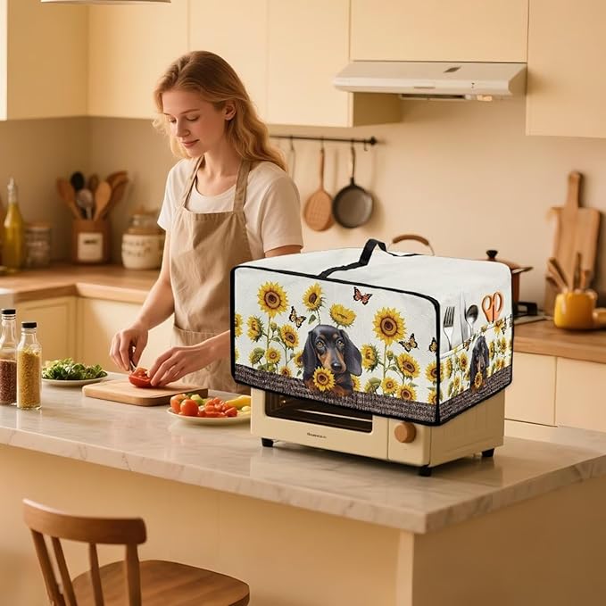 Dachshund Dog Sunflower Butterfly Print Microwave Oven Dust Cover Dustproof Microwave Toaster Oven Cover Polyester-Linen Fabric Kitchen Machine Covers for Toaster Oven Air Fryer, L