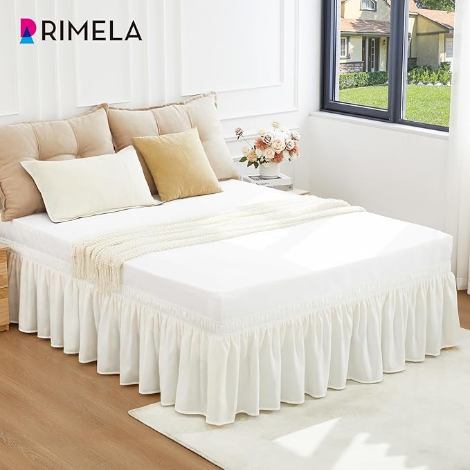 RIMELA Warm White Bed Skirt King Size 12 Inch Drop, Wrap Around Elastic Adjustable Bedskirt, Bed skirting Dust Ruffle for Bed Frame & Box Spring Soft Durable Fabric Machine Washable Easy to Install