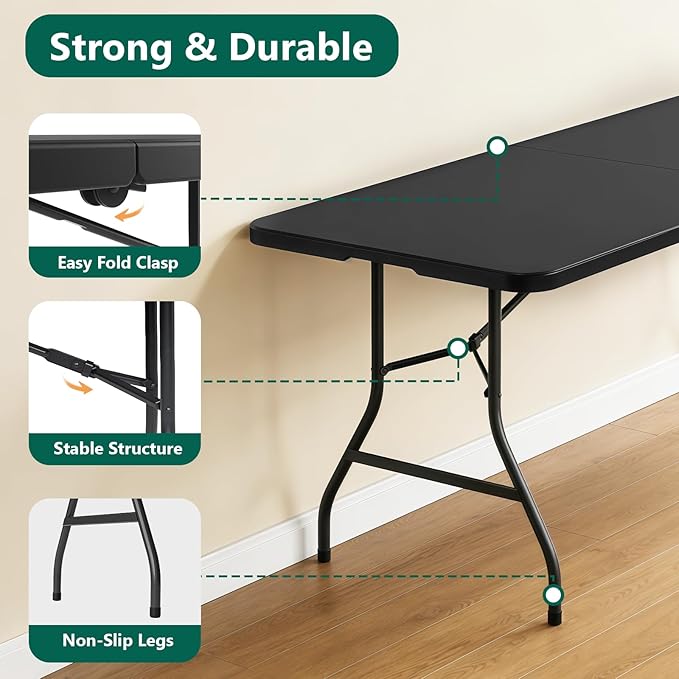 6FT Folding Table, Heavy Duty Plastic Fold-in-Half Utility Table with Handle, Portable Camping Picnic Table with Steel Legs for Indoor Outdoor Party, Dining, Black,2 Pack