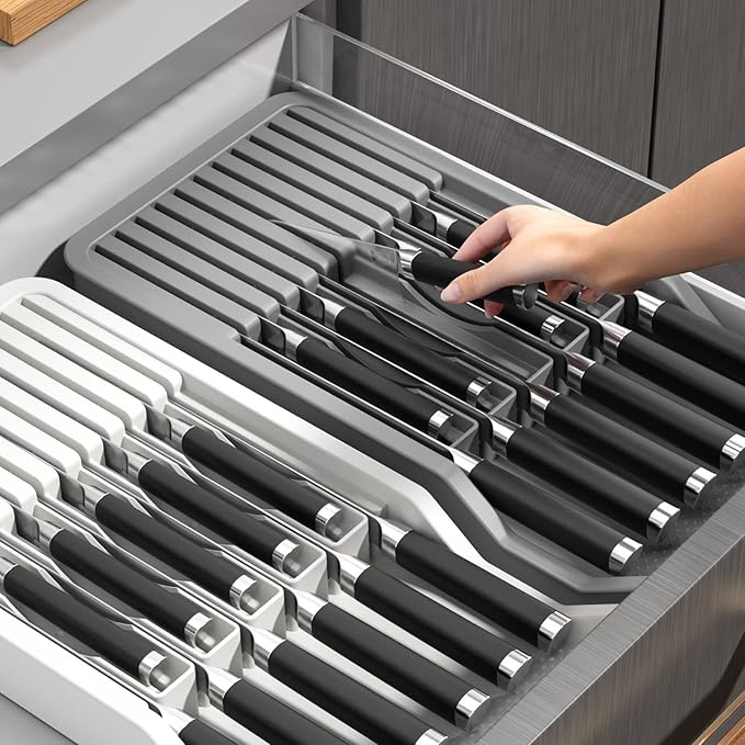 Mulikeer Drawer Knife Organizers Insert with Expandable Tray for 11 Knives