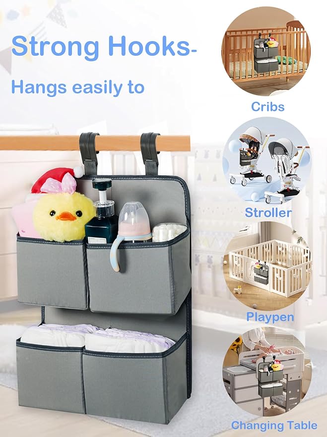 Hanging Diaper Organizer for Crib/Playpen/Bassinet/Playard – Hold 80+ Diapers - 4 Deep Pockets- Changing Table Diaper Holder Bag- Diaper Storage for Newborn Baby Essentials Stacker Caddy, Gray