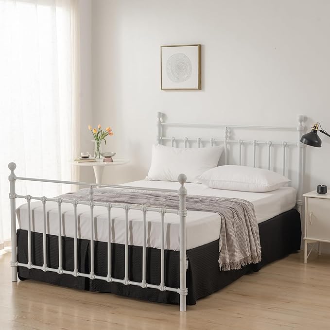 Bed Skirt King Size, Pleated Waffle Weave Bed Skirt with Split Corners, Tailored Dust Ruffle 16 Inch Drop Easy Fit, Machine Washable, Black, 16" King