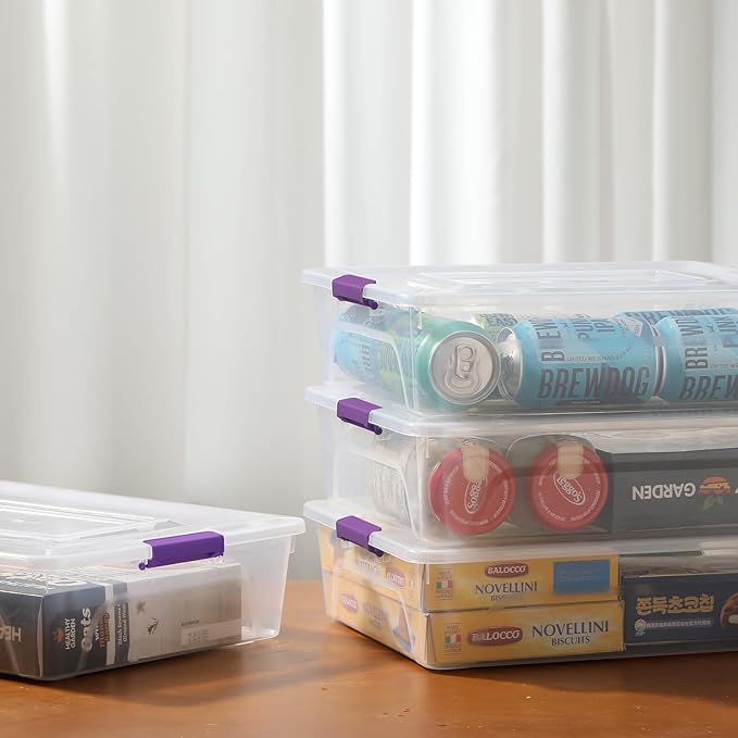 novelinks Clear Plastic Storage Bins with lids, Stackable Storage Containers, Durable Craft Storage Boxes, Organization Containers for Home Office (10 Quart 4 Pack Purple)