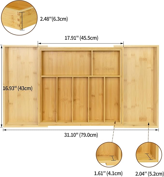 Utoplike Extra Large Kitchen Drawer Organizer, Solid Bamboo Silverware Tray