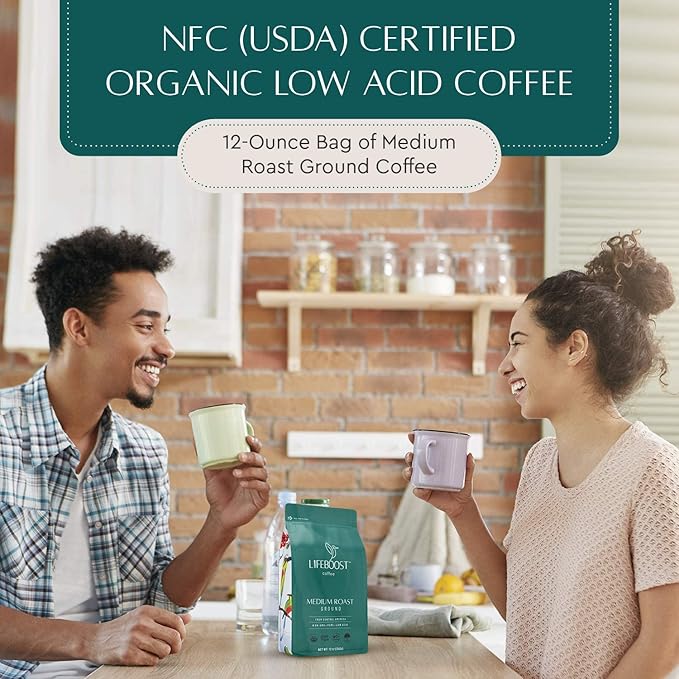 Lifeboost Medium Roast Low Acid Ground Coffee, Certified Organic, 12oz