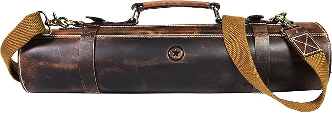 Leather Knife Roll Storage Bag, Elastic and Expandable 10 Pockets, Adjustable/Detachable Shoulder Strap, Travel-Friendly Chef Knife Case (Dark Brown, Leather)