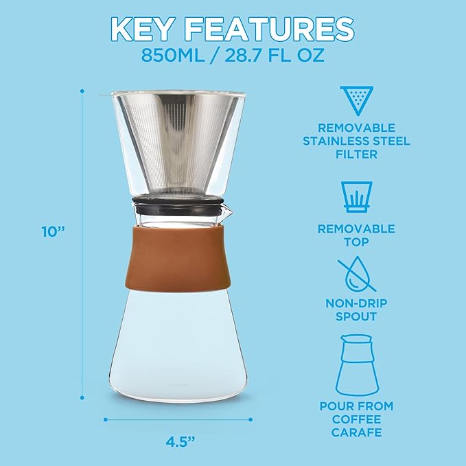 GROSCHE Amsterdam Glass Pour Over Coffee Maker with Steel Filter 27.6 Fl Oz