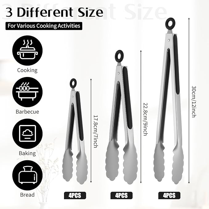IANFAN 12 Pcs Stainless Steel Kitchen Tongs, 7/9/12 Inches