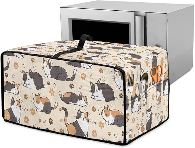 Cute Cats Paw Floral Print Microwave Oven Cover Waterproof Dust-Proof Microwave Oven Cloth Cover Polyester-Linen Fabric Small Appliance Dust Cover Case Protections Protector, L