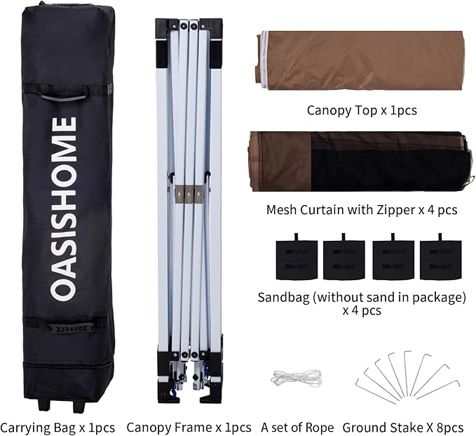 OASISHOME 10'x10' Pop-Up Gazebo Canopy Tent with Netting Sidewall & Wheeled Bag,Weight Bag, Stakes, Ropes, Waterproof, UV Protection, Heavy-Duty Steel Frame for Backyard/Outdoor/Parties (Khaki,10x10)