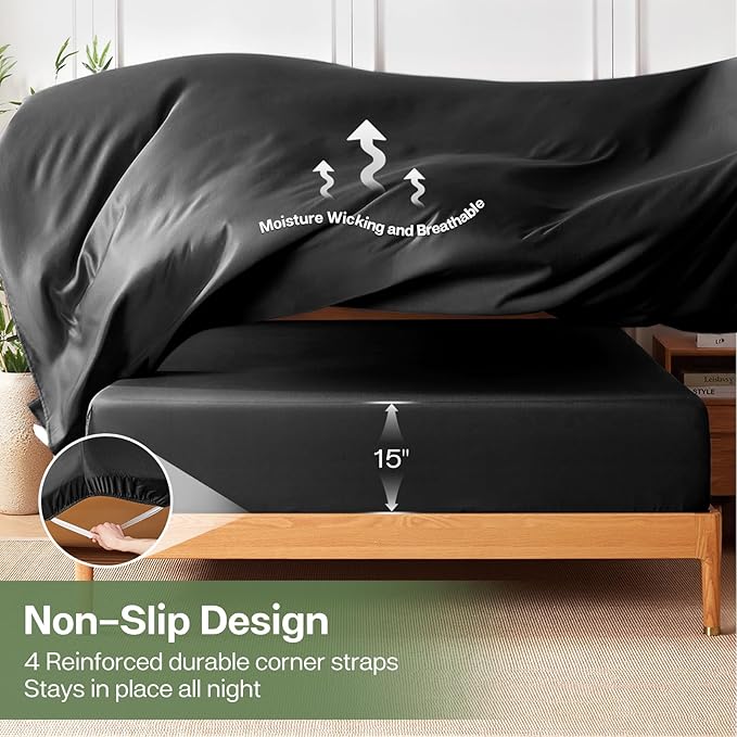 MR&HM Twin XL Fitted Sheet Only, Ultra-Soft Rayon Derived from Bamboo & Polyester Blend, Silky & Breathable, 15" Deep Pocket with Elastic Straps, Cooling Fitted Sheet for Hot Sleepers, Black