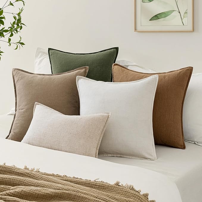 EMEMA Decorative Linen Throw Pillow Covers 24x24 Inch Curry Boho Farmhouse Neutral Couch Throw Pillows for Bed Pack of 2 Accent Pillowcase Modern Sofa Cushion Livingroom Home