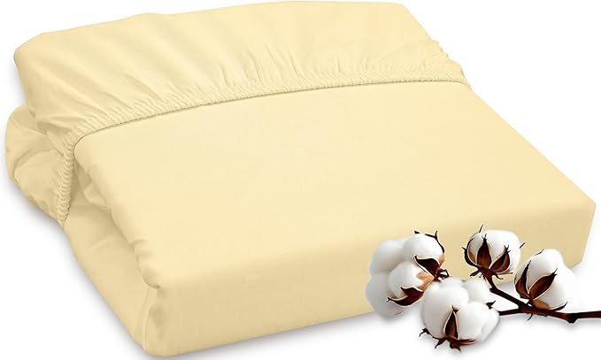 ROYALE LINENS 300 Thread Count 100% Long Staple Combed Cotton Fitted Sheet Queen - Super Soft Deep Pocket Bottom Sheet - Fitted Sheets Only - Elastic Sheets (Queen, Light Yellow)