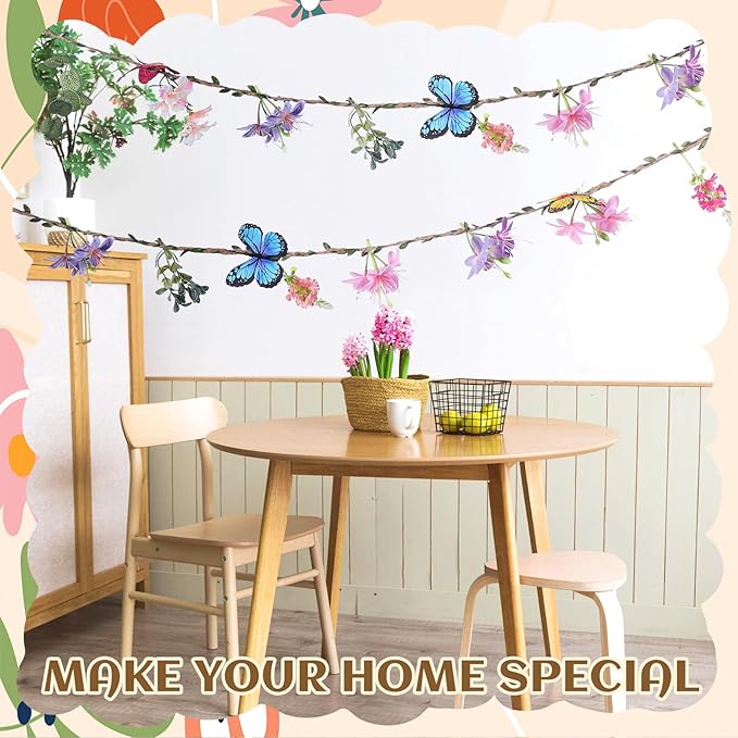 Hahafelt 2 Pcs 6.56 ft Spring Wildflower Garland Banner with Butterfly Green Leaves Artificial Fake Hanging Flower Vine for Garden Tea Party Fairy Wall Home Wedding Indoor Outdoor Decor (Wildflower)