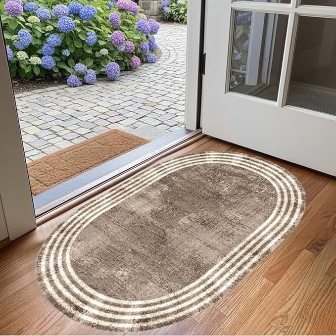 Country Earth Tone Brown Minimalist Distressed Home Office Rugs 6x8 for Living Room Bedroom Diningrooom Machine Washable Soft Thick Area Rug Nursery Dorm Kitchen Oval Geometric Bordered Large Carpet