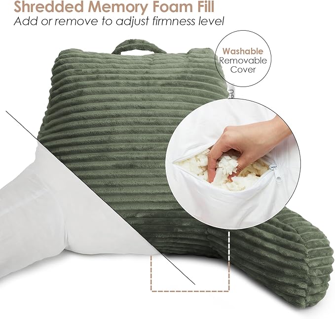 Hearth & Harbor Reading Pillow for Bed Adult – Back Pillow for Sitting in Bed, Standard Bed Pillows for Sitting Up in Bed, Foam Bed Chair Pillow, Olive Green Bed Rest Pillow