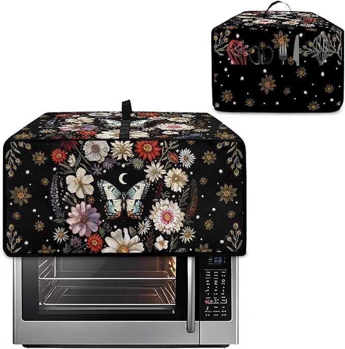 Convection Oven Cover with Pockets, Dust-Proof Protective Smart Oven Cover Small Appliances Protector Kitchen Decor, L, 18.5 x 22.5 x 13 Inches, Butterfly Daisy Moon Black