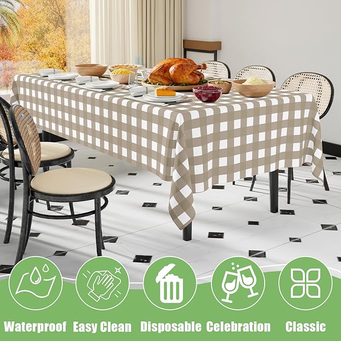 Smiry 20 Pack Khaki Gingham Disposable Tablecloths - 54" x 108" Heavy Duty Plastic Table Cloth, Waterproof Buffalo Plaid Table Covers for Picnic, Banquets, Outdoor Parties