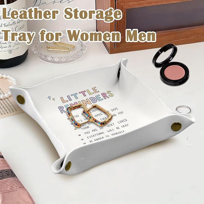 Inspirational Motivational Gifts Leather Jewelry Valet Tray, Little Reminders Positive PU Leather Catchall Beside Caddy Nightstand Organizer Tray for Jewelry Rings Watches Keys, 7.8x7.8inch