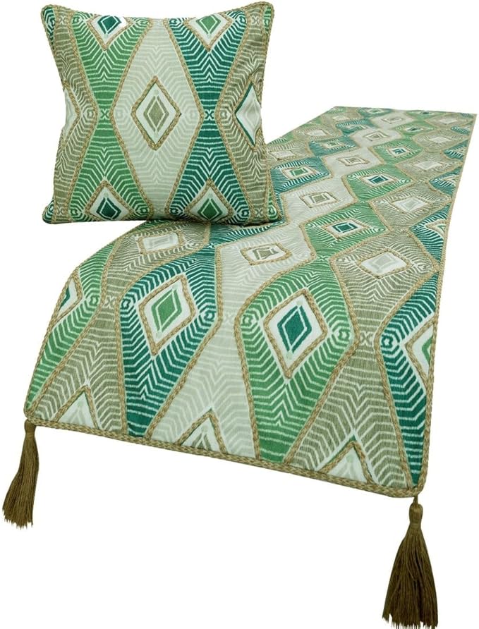 The HomeCentric King/Queen/Twin Green Designer King 90"x18" Bed Runner Without Pillow Cover, Aztec, Jute Embroidery, Quilted, Tassels, Jute, Moroccan & Tribal Bed Scarf Cotton Fabric - Chantico