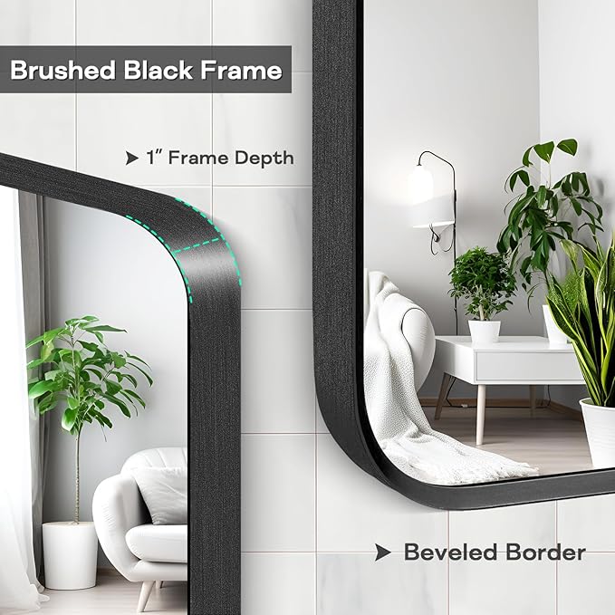 Wall Mount Mirror for Bathroom, Brushed Black Metal Framed Rounded Corner Rectangular Vanity Mirror (24" x 36", Black)