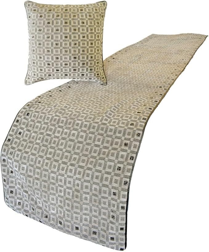 The HomeCentric King/Queen/Twin Grey Decorative CA King 86"x18" Bed Runner Without Pillow Cover, Checkered, Beaded, Hand Embroidery Bed Scarf on Velvet Fabric - The Brick Effect