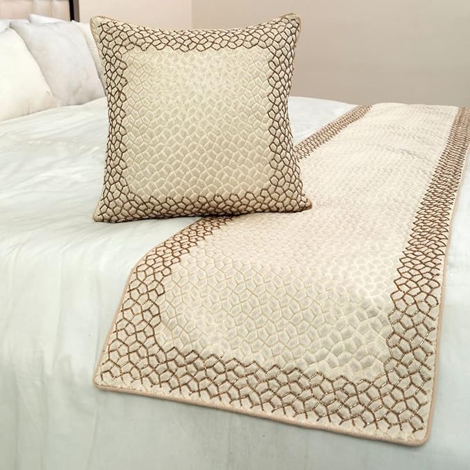 The HomeCentric King/Queen/Twin Ivory & Gold Designer Full 68"x18" Bed Runner Without Pillow Cover, Mosaic & Beaded Bed Scarf on Jacquard Fabric - Tessellation