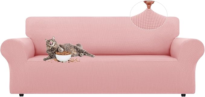 LURKA Stretch Sofa Slipcovers 1 Piece Couch Covers for 3 Cushion Couch Sofa Furniture Protector Full Sofa Covers with Elastic Bottom for Kids and Dog (Large, Pink)