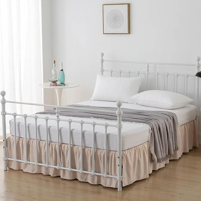 Bed Skirt Twin Size, Ruffled Bed Skirts with Split Corners, 16 Inch Drop Dust Ruffle Bed Skirt with Platform, Cream, 16" Twin