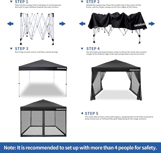 OASISHOME 10'x10' Pop-Up Gazebo Canopy Tent with Netting Sidewall & Wheeled Bag,Weight Bag, Stakes, Ropes, Waterproof, UV Protection, Heavy-Duty Steel Frame for Backyard/Outdoor/Parties (Black,10x10)