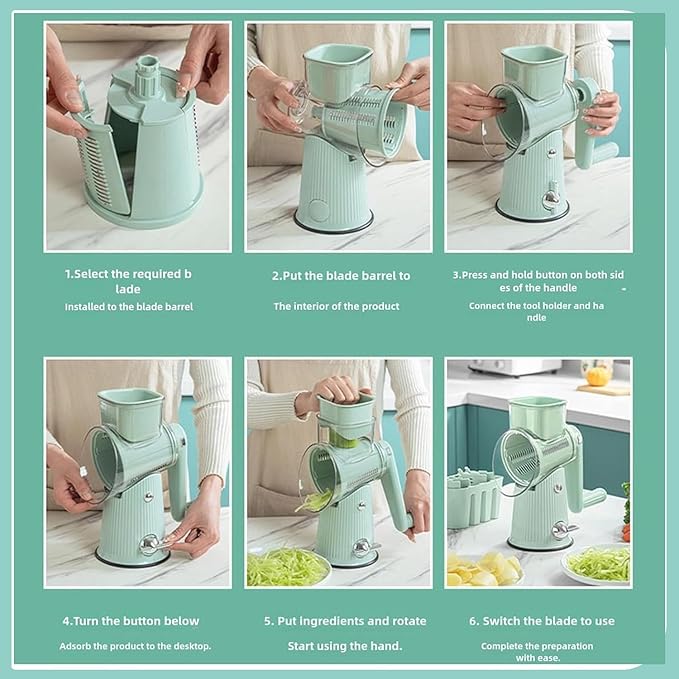 AYUBOC 5 in 1 Rotary Grater, Kitchen Artifact 5 in 1 Food Chopper, AYUBOC 5 in 1 Gourmet Cheese Grater, 5 in 1 Cheese Grater, 5 in 1 Hand Crank Food Chopper-Green|5 Group Blades