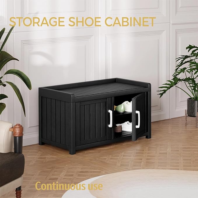 2-Tier Storage Bench, 2 Doors Waterproof Resin Shoe Bench with Adjustable Shelves - Entryway Bench with Seating, Indoor & Outdoor Use for Bedroom, Hallway, Living Room, Black
