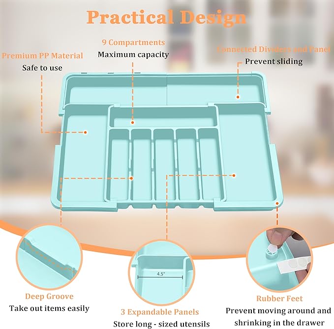 Silverware Organizer Expandable Kitchen Utensil Drawer Organizer Large BPA Free Adjustable Cutlery Silverware Tray for Spoons Forks Knives Storage Divider for Kitchen Flatware 6-9 Slots Turquoise