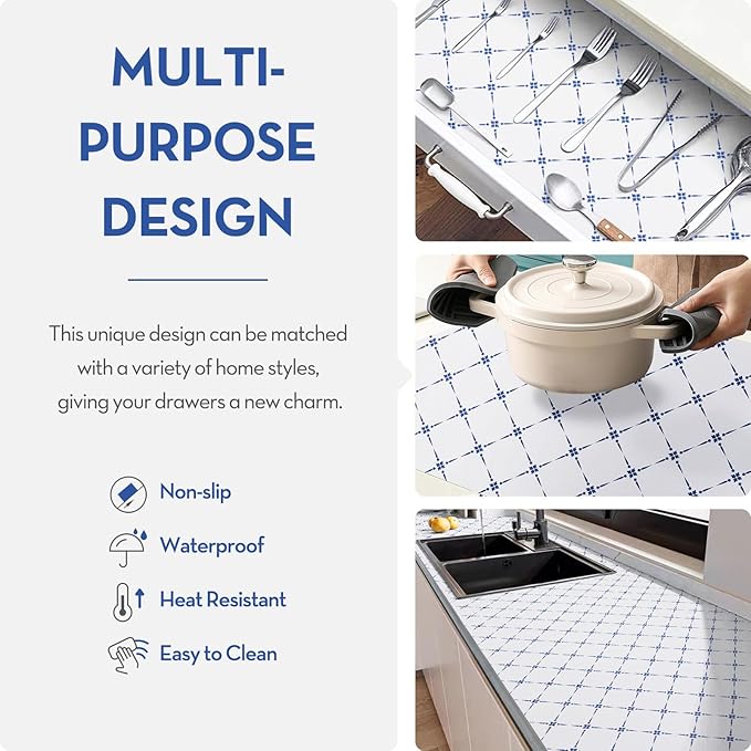 Drawer Shelf and Cabinet Liner, Thick Strong Grip,Shelf Liners Non-Adhesive Liners Protect Kitchen Cabinets and Cupboard, Bathroom Drawers,Under Sink Mat, 12" x10', Blue Stripe