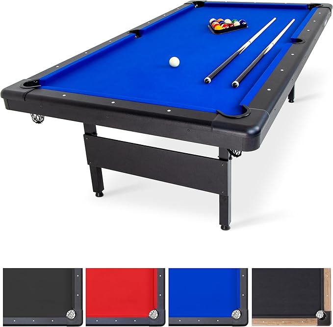 GoSports 6, 7, or 8 ft Billiards Tables - No Assembly, Choose Your Color - Portable Pool Table Includes Full Set of Balls, 2 Cue Sticks, Chalk and Felt Brush
