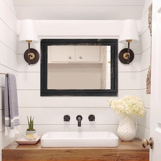 AAZZKANG Wall Mounted Mirror Small Rectangular Retro Mirrors with Wood Frame for Bedroom Living Room Bathroom Entryway Large 26"x18"