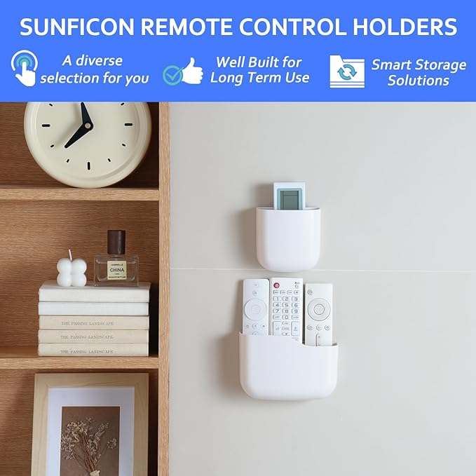 SUNFICON Remote Holder Wall Mount TV FAN Remote Control Holder Bedside Caddy Wall Organizer Phone Holder for Office Adhesive Media Player Controller Holder Box Tray Home Desk Nightstand 2 SMALL WHITE